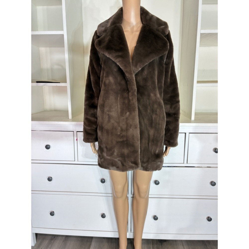 Abercrombie & Fitch Faux Fur Coat Women S Brown Notch Lapel Mid-Length Jacket